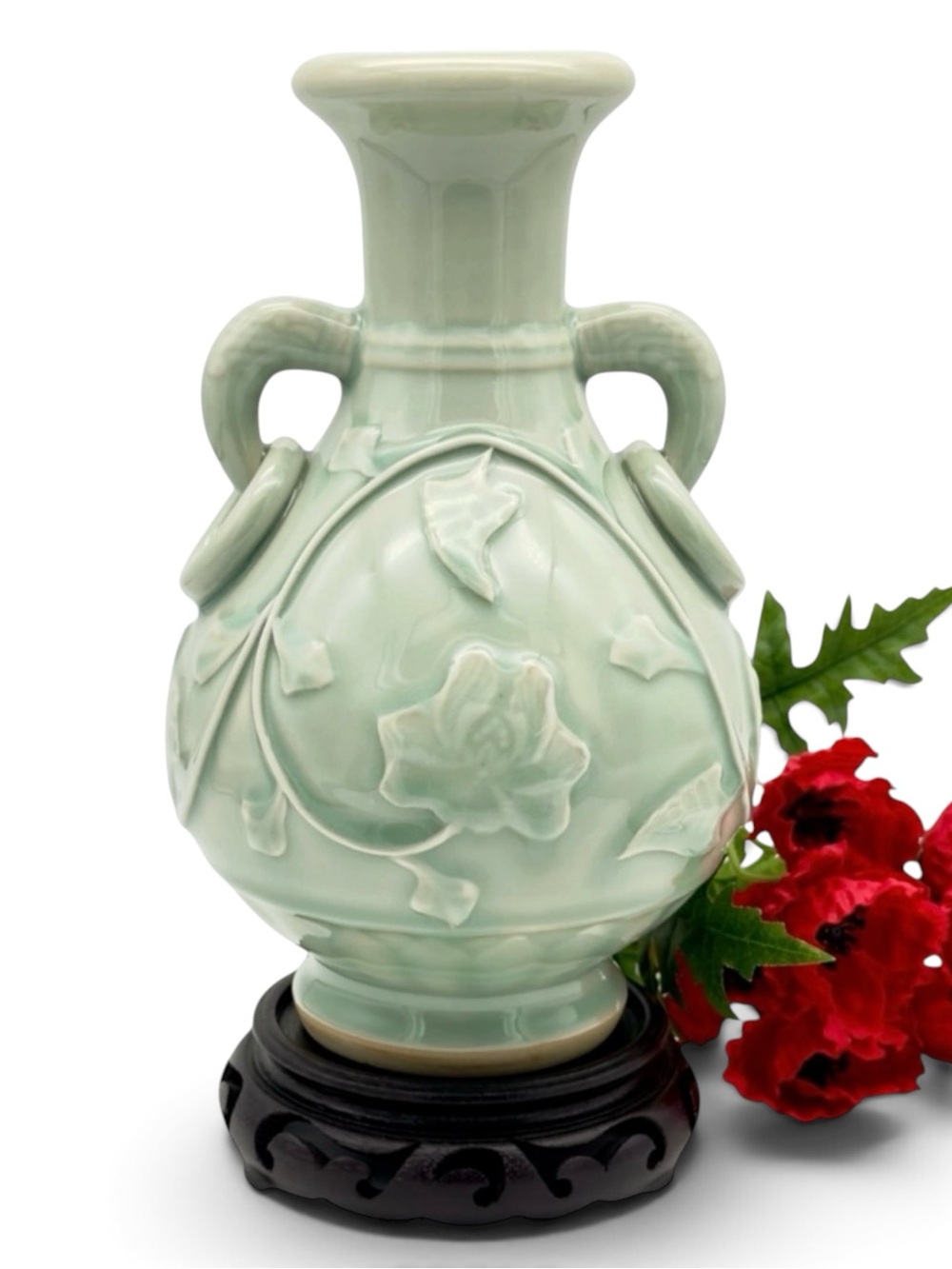 Vintage Chinese Longquan Celadon Vase Peony Relief Ring Handles Wood Stand MCM